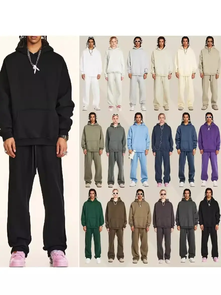 2025 Autumn and Winter Casual Solid Color American-Style Fleece-Lined Hoodie Two-Piece Set Loose Sweatpants Unisex Oversize