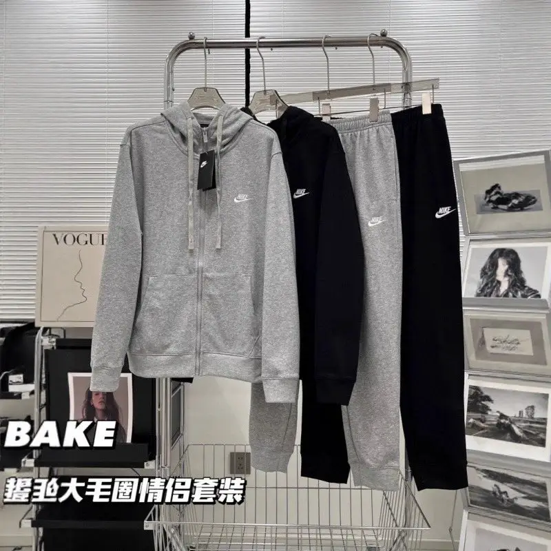 秋冬季运动外套男卫衣休闲套装针织上衣情侣连帽宽松开衫纯棉刺綉+