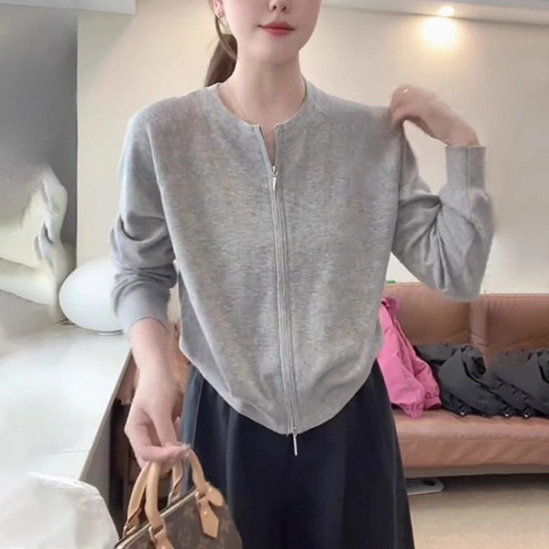 Double Zipper Thin Long-Sleeved Knitwear for Women 2025 New Spring and Autum Cardigan Jacket Lazy Style Loose Short Top
