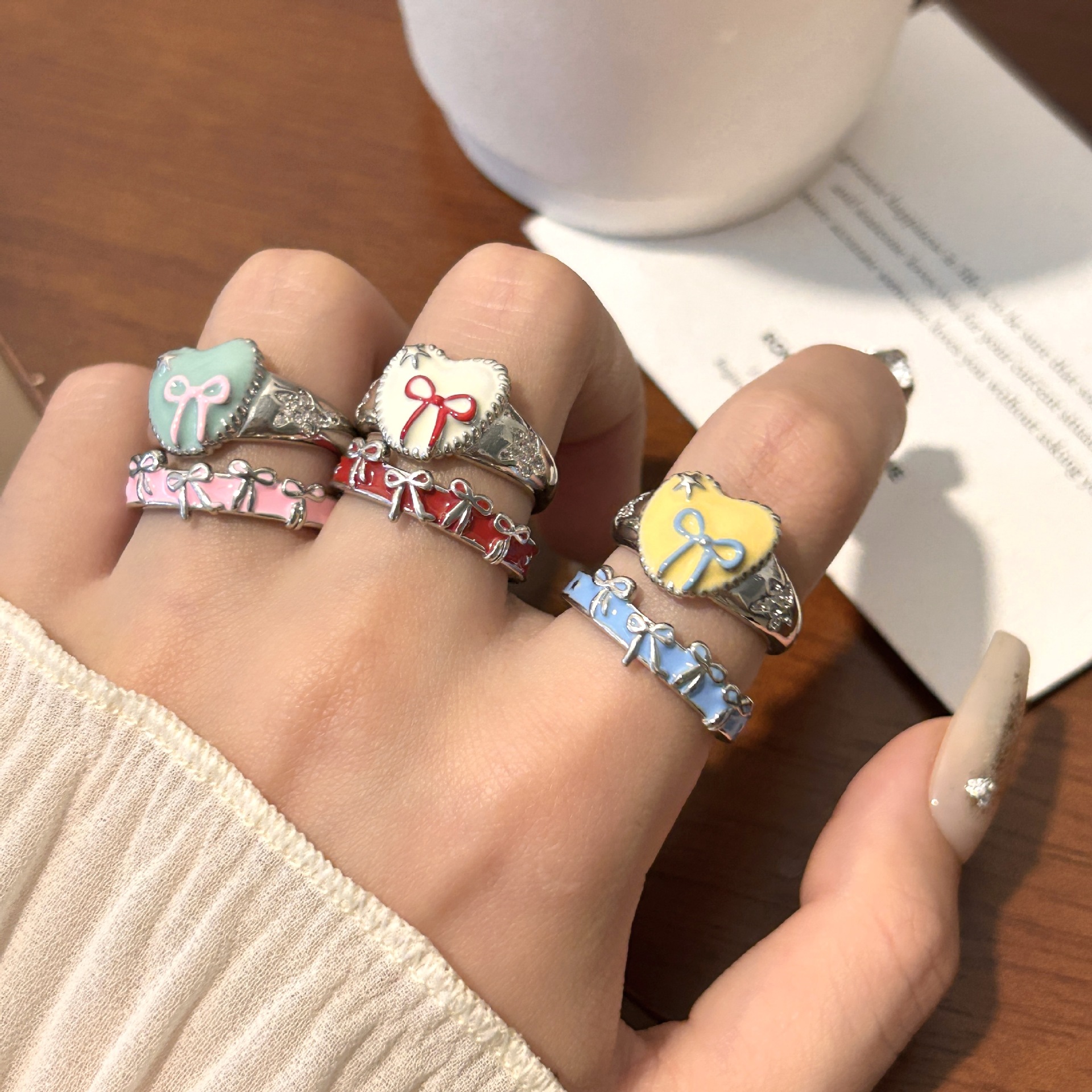 Sweet and Cute Oil-Dropping Bow Heart Open Ring Women's Hair Accessories Accessible Luxury Niche Simple High-End Index Finger Ring