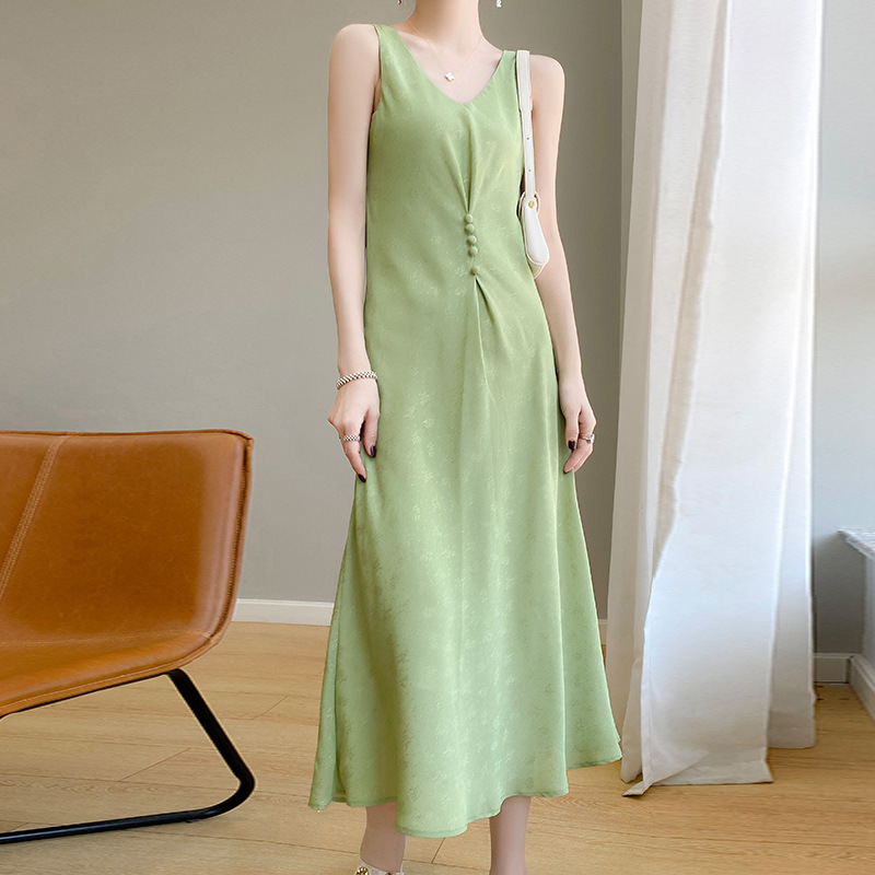 French Long Acetic Acid Satin V-Neck Advanced Design Sense Niche Outfit Sexy Sling dress Suit Inner