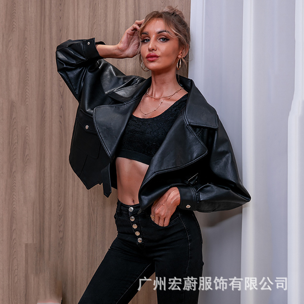 Foreign Trade Cross-border Fashion European and American PU Lapel Black Short Leather Jacket Women's Jacket Loose Long Sleeve Women's Leather Jacket