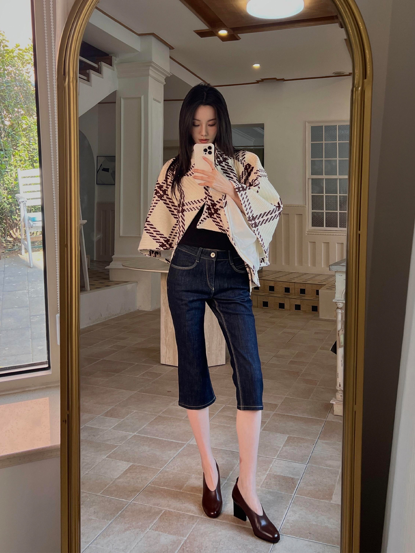 Selected Original Factory Micro-Elastic Raw Denim Fabric, Three-Quarter Flared Jeans with Three-Color Stitching to Enhance Leg Shape, Nanyou Women's Clothing