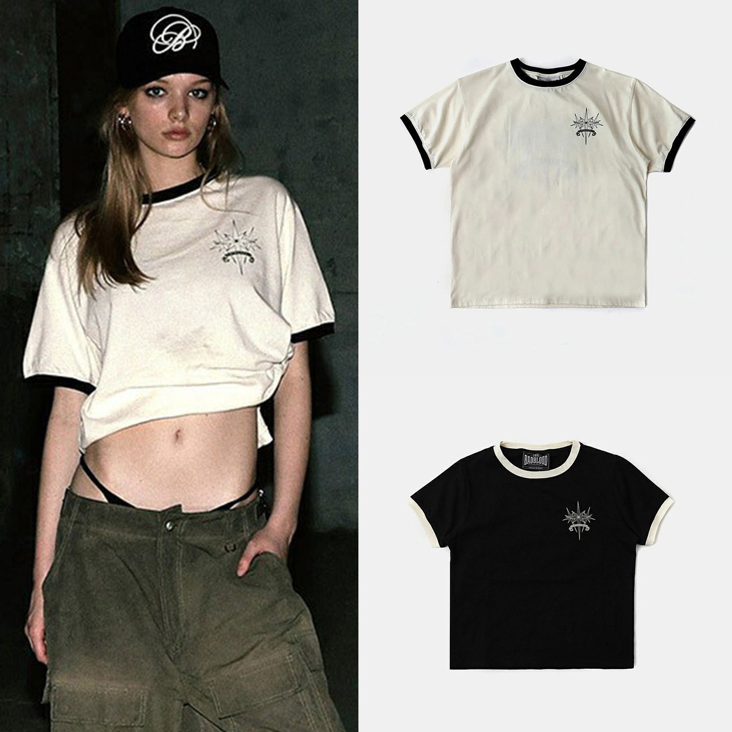 Badblood Bcac Series American Retro Short-Sleeved T-Shirt for Women with Embroidered Patterns, Niche and Versatile Design Top