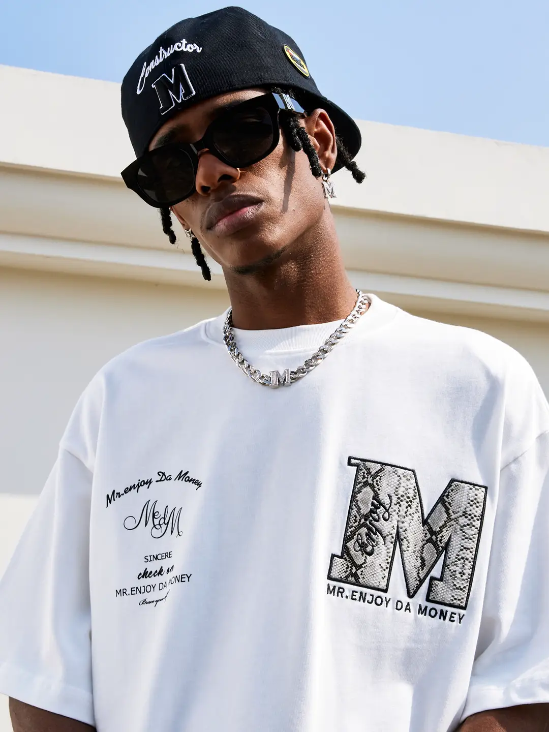 Medm Trendy Leopard Print Snake Print Leather Embroider American Style hip hop Short-Sleeved T-Shirt for Men Summer Loose Half-Sleeved Bottoming Shirt