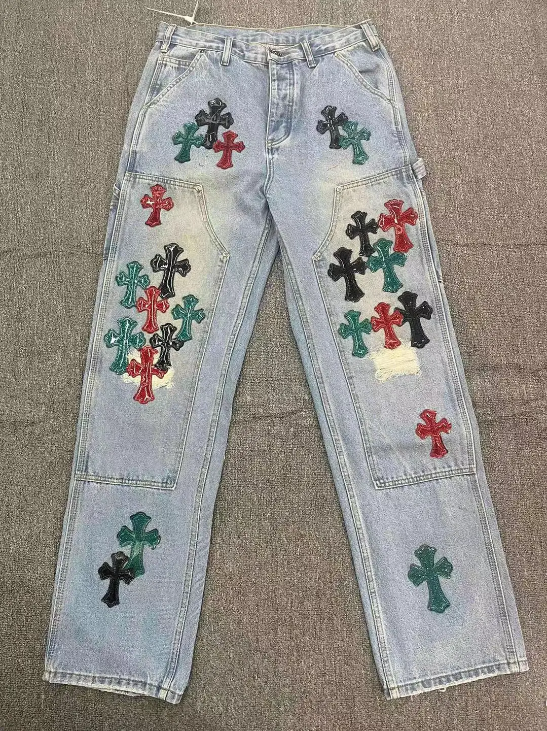 2025 Jade Color Matching Leather Cross Denim pants Skinny Jeans Pants Casual Pants pants Men and Women Same Style Sports