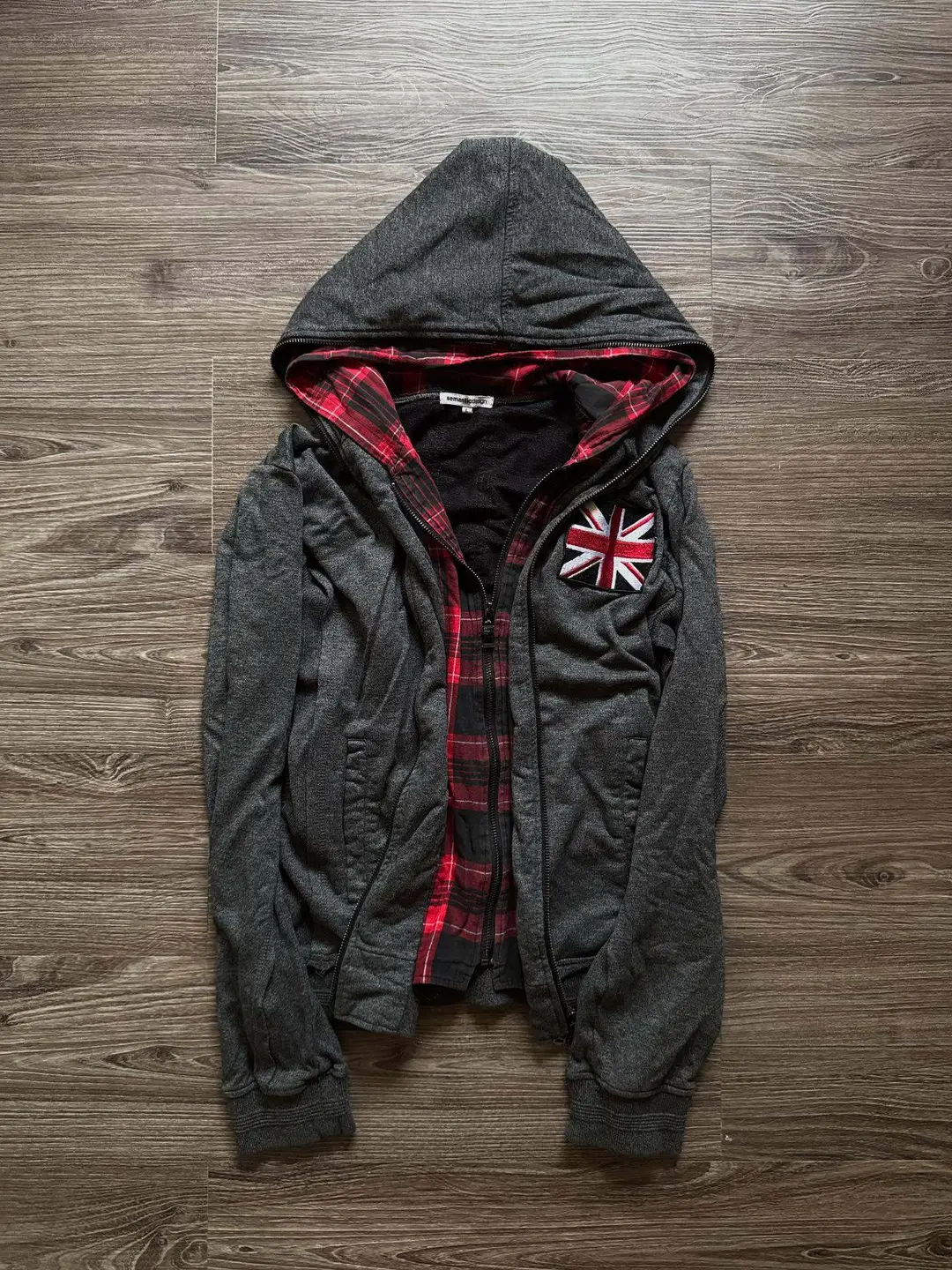 European and American Cross-Border New Y2K Autumn and Winter Color-Blocked Plaid Patch Double-Layer Double-Chain Personalized Street Hoodie Wholesale
