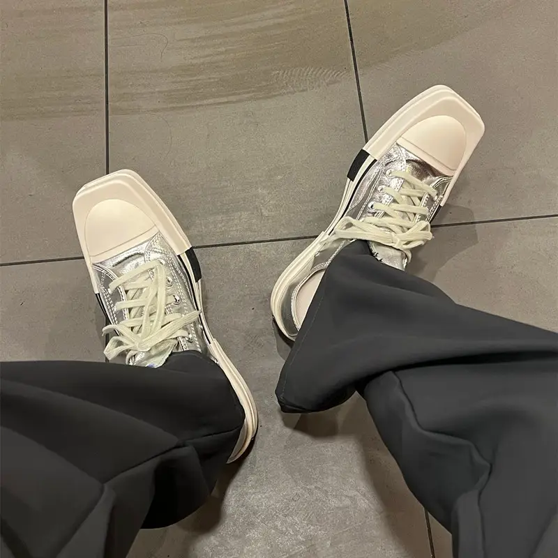 RO shoe collaboration silver patent leather square toe RICKS casual board shoes for men and women, OWEN niche thick soled trendy shoes