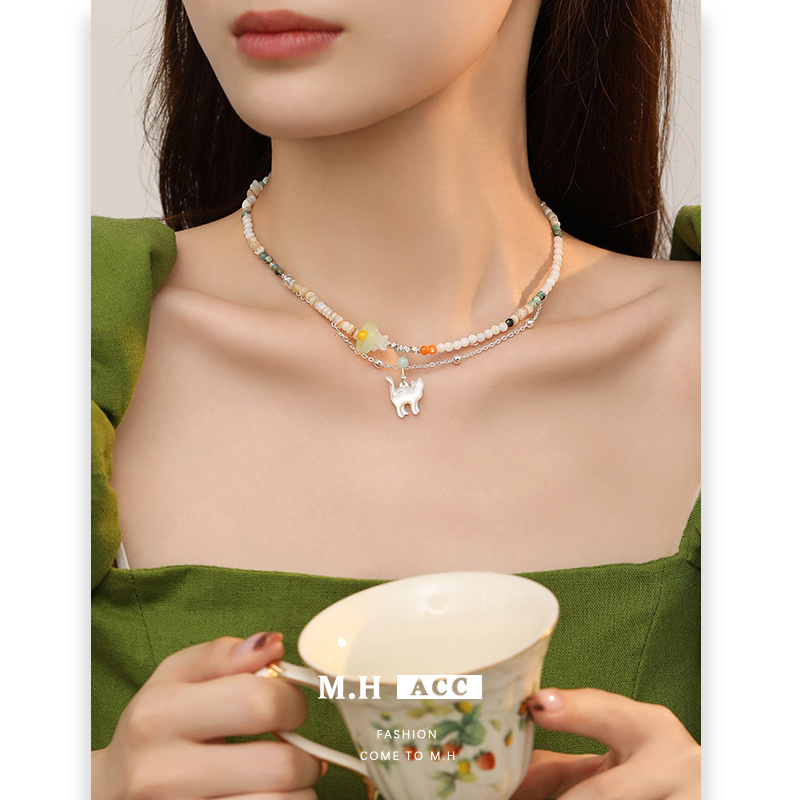 Mother of Mob African Turquoise Beaded Necklace Women's Fresh and Sweet Design Sense Pendant Fashion Ins High Sense Clavicle Chain