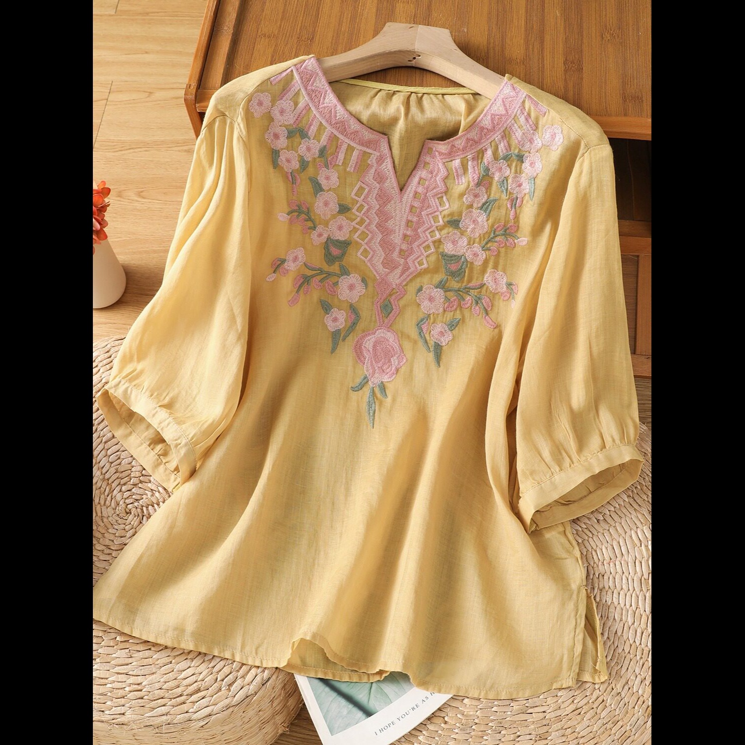 Artistic Retro Heavy-Duty Embroidered Cotton and Linen Shirt for Women, Summer Lightweight and Cool, Loose-Fitting Slimming Pullover Linen Top