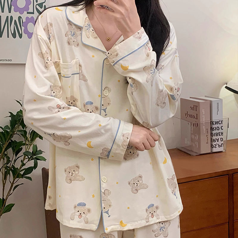 Korean-Style Sweet and Simple High-End Pure Desire Pajamas for Women, New Spring Long-Sleeve Long-Pants Loungewear Set That Can Be Worn Outside