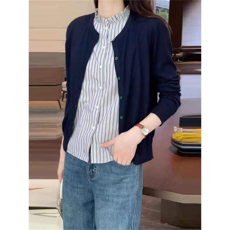 Spring and Autumn New Women's Salt Light Mature Two-Piece Striped Sleeveless Vest Shirt Round Neck Knitted Blouse suit