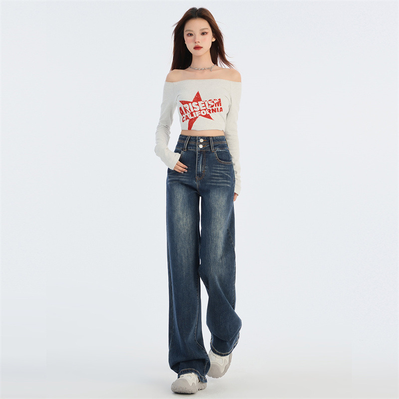 American Style Retro Straight Leg Jeans Women's 2025 Early Spring New Double Buckle High Waist Slimming All-match Wide Leg Trousers