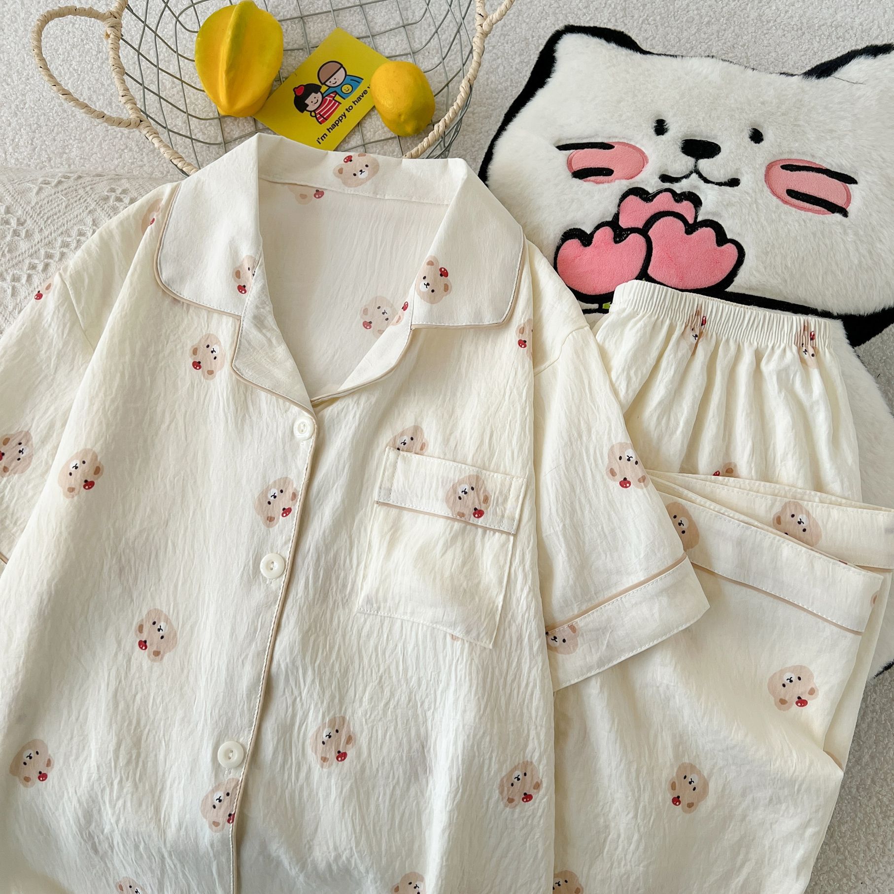 Cute Cartoon Bear Women's Pajamas Spring and Summer Sweet and Lazy Style Short-Sleeved Long Pants Three-Piece Home Wear Wholesale