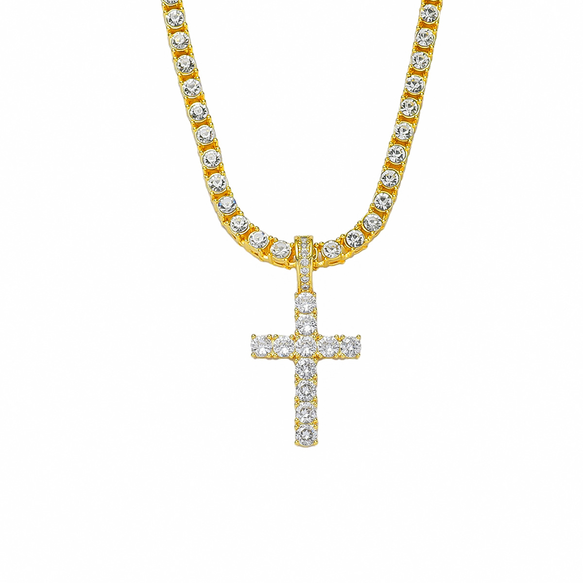 European and American fashion new zircon cross pendant necklace niche design high sense 4mm single row diamond tennis chain