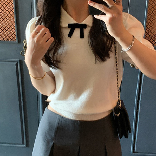 Sweet Style Doll Collar Bow Short-sleeved T-shirt Women's Summer Navel-exposed Age-reducing Puff-sleeved Short Sweater Top