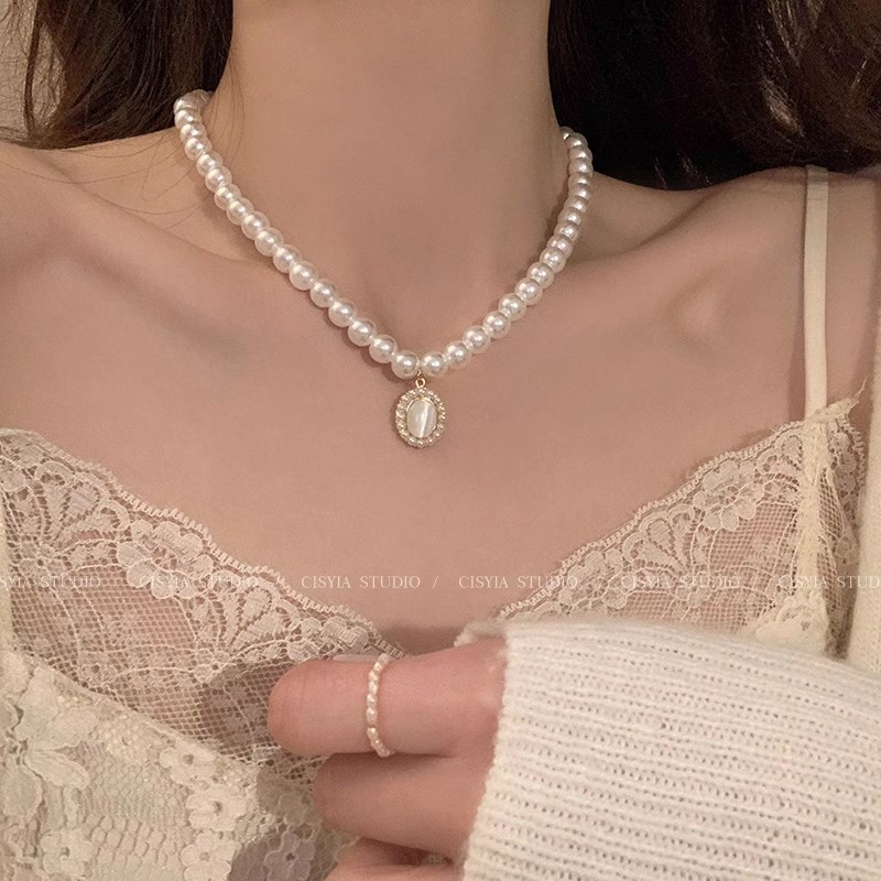 French retro Opal pearl necklace necklace Women's Light luxury niche high-grade clavicle chain Hot Jewelry Wholesale