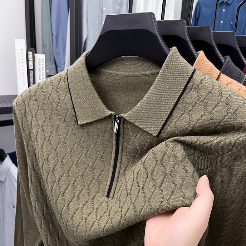 Cashmere + Mulberry Silk Thin Long-Sleeve Knit Sweater with Jacquard Texture, Turn-Down Collar, Zipper, 2025 Autumn/Winter Sweater Base Layer