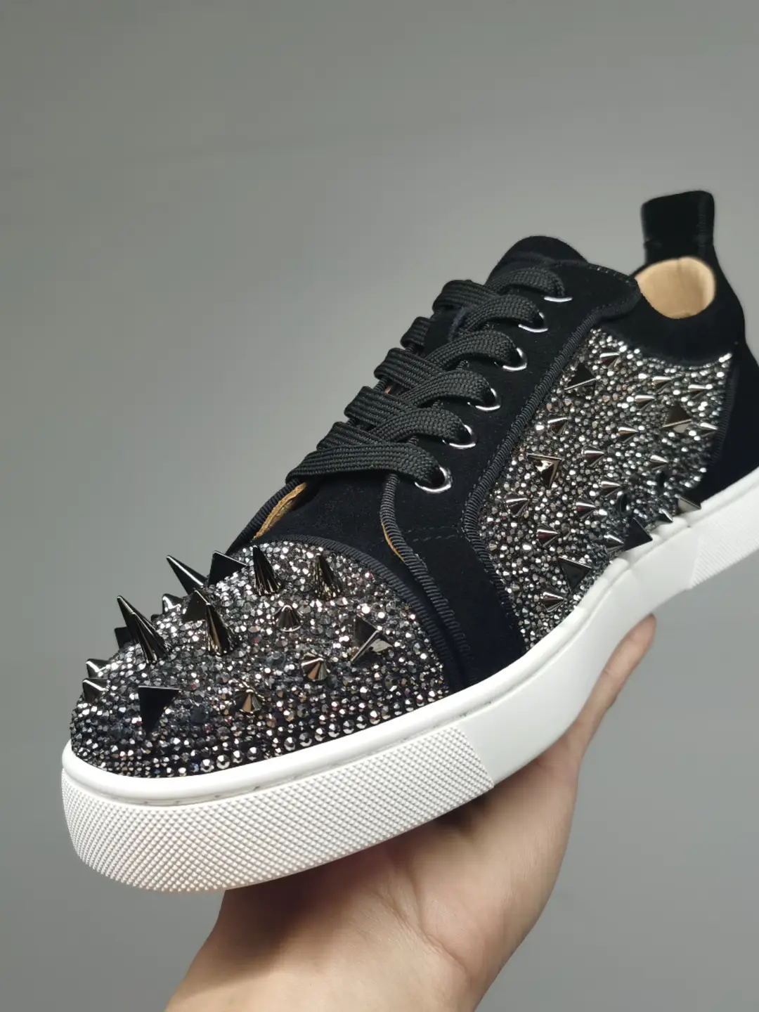 Summer New arrival Cl Genuine Leather Trendy Men's Shoes Cl Flats Shoes Low Ankle Rhinestone Red Sole Shoes Casual Couple Trbottomy Sneakers