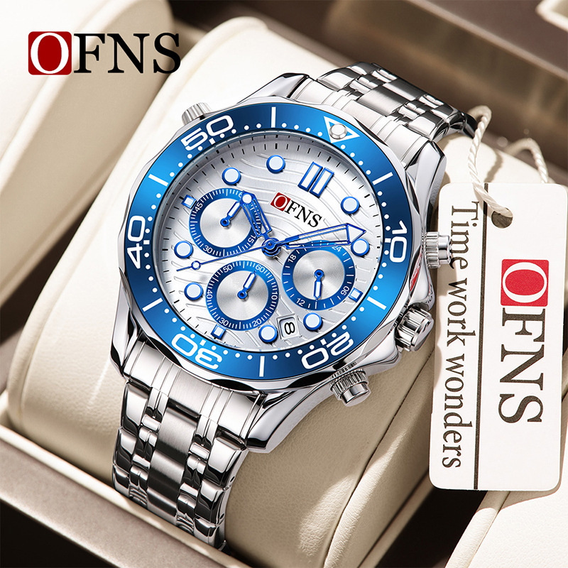Ofns Watch Men's Waterproof Quartz Wristwatch with Small Three Hands, Calendar, Stylish Retro Steel Band Business Men's Watch