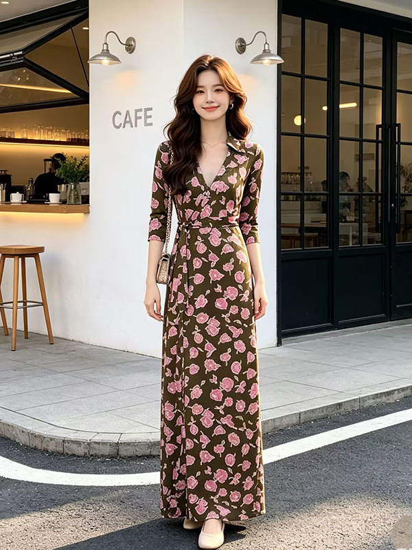 Summer New Pink Flower Printed Lapel Long Dress Stretch Skin-friendly One-piece Lace-up dress