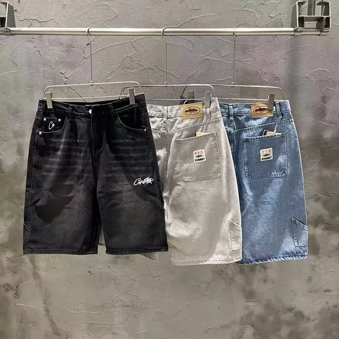 Cross-Border Foreign Trade Corteiz Alcatraz Denim Shorts Star Embroidered Jacket Retro Distressed Five-Point Pants Trendy Men
