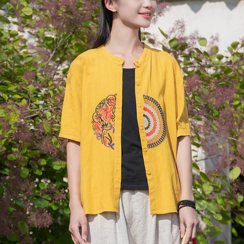 2026 Summer Cotton and Linen Women's Clothing, Artistic Embroidered Cotton and Linen Shirts, Women's Short-Sleeved Versatile Linen Cardigans