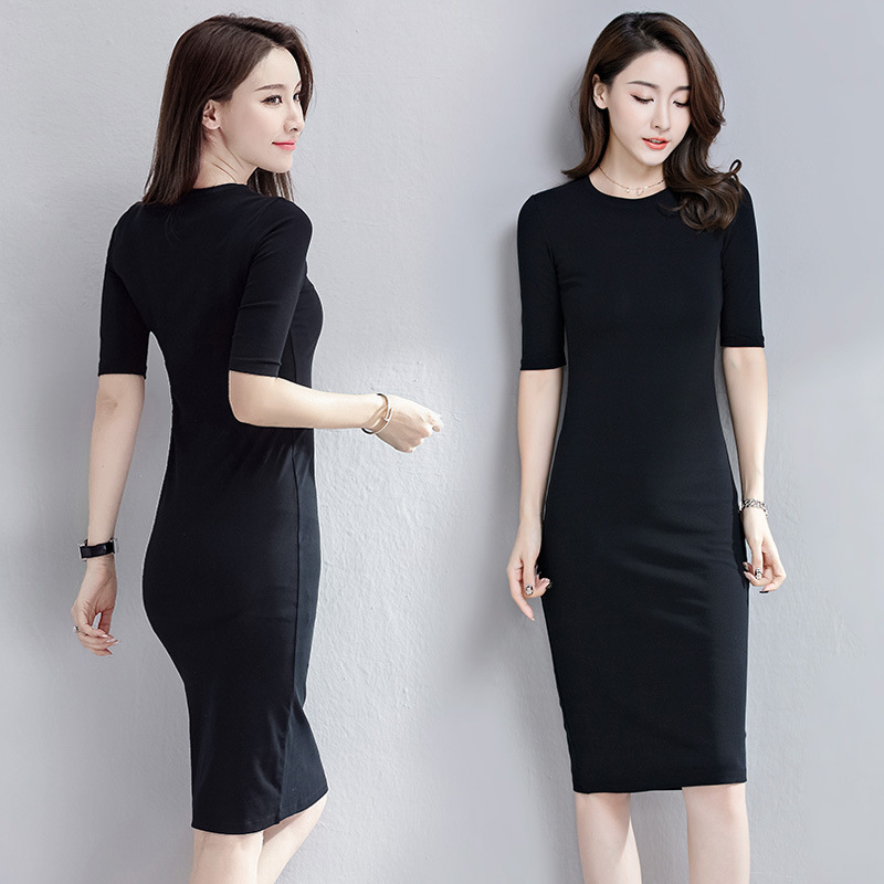Spring and Autumn Dress One-Step Dress Women's Long Dress Mid-Sleeve Small Round Neck Base Dress Korean Style Long Hip Dress Korean Style Trendy