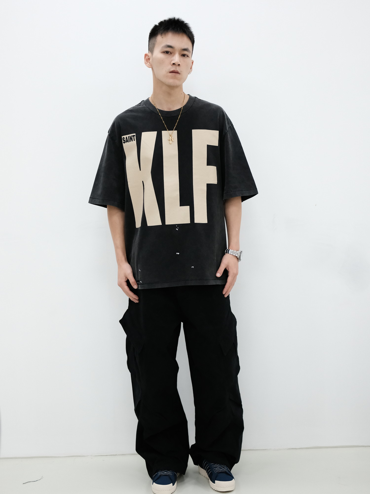 Saint Michael for Klf Co-Branded American-Style Pure Cotton Distressed Loose-Fitting Letter Print Short-Sleeve T-Shirt for Men and Women