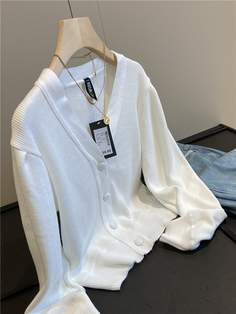 Go Goumei! Whole Single Basic All-match Anti-wrinkle Large V-neck White Short Casual Loose Knitted Cardigan for Women