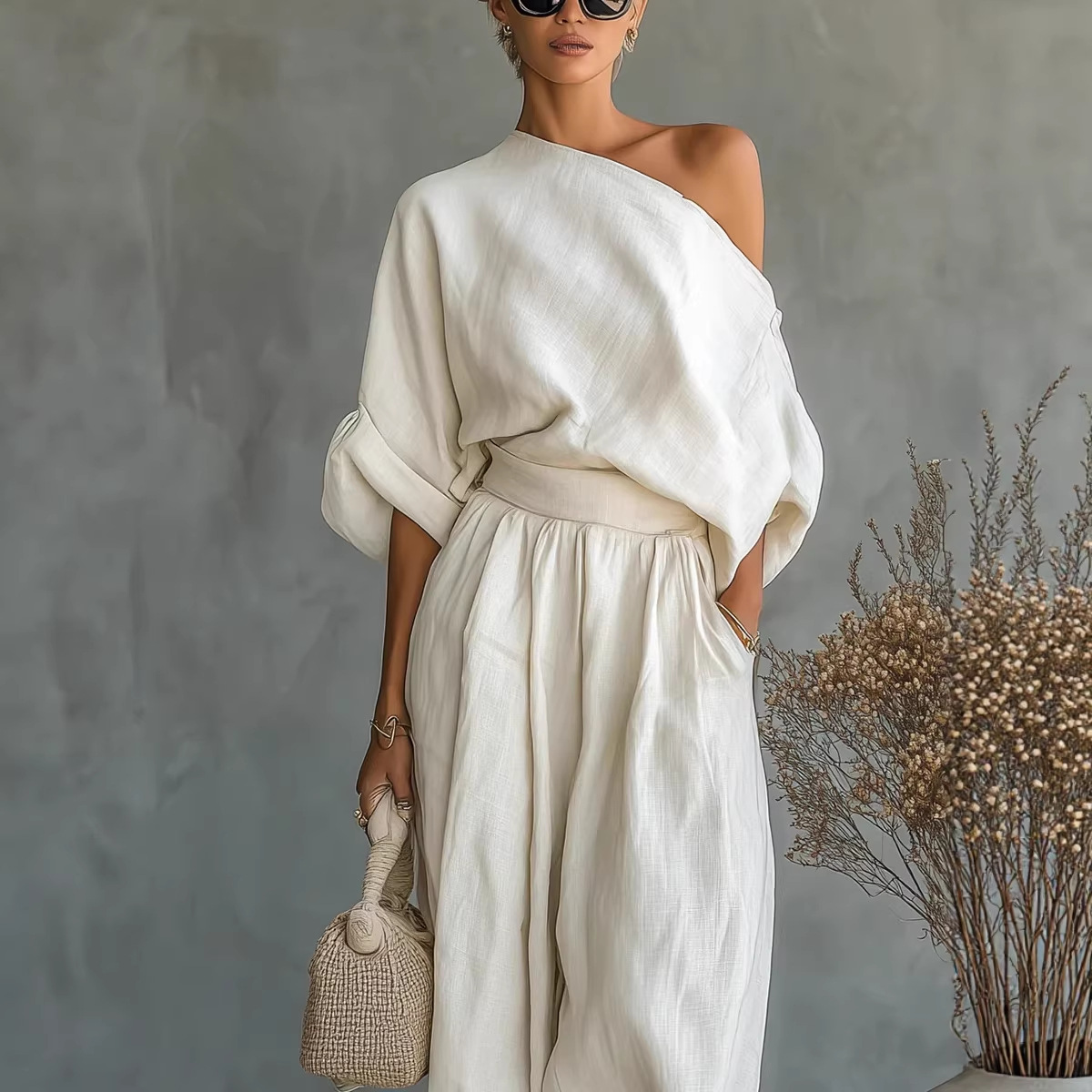 2026 European and American Spring New Amazon Solid Color Stylish Off-Shoulder T-Shirt with Pockets Versatile Casual Loose Two-Piece Set