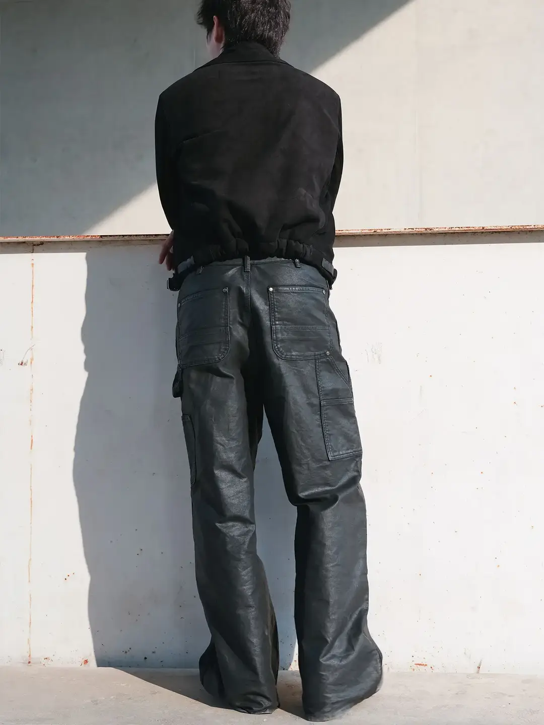 Mkszy Italian Wax Dyed Black Marten Leather Cargo Straight-Leg Double-Knee Lumberjack Pants Casual Pants