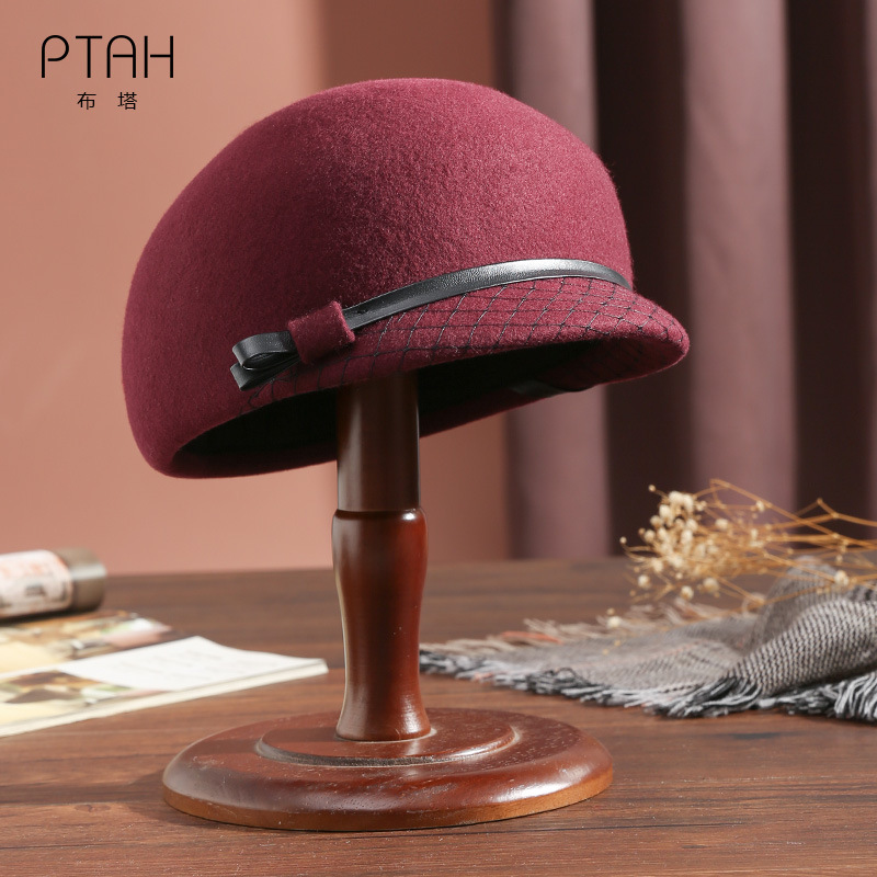 Women's hat new Korean style fashionable all-match wool hat red black shaping peaked cap autumn and winter PT1084