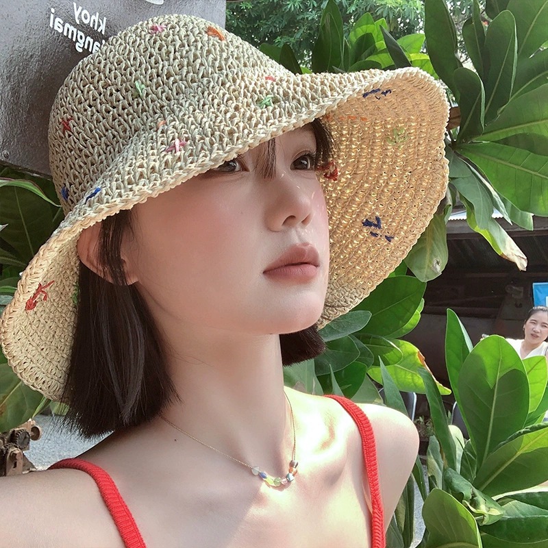 Hat Women's Spring and Summer New Color Sweet Handmade Straw Fisherman's Hat Summer Korean-style Niche Big Cornice Straw Hat