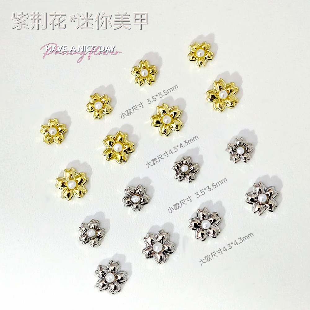 New Vintage Nail Art Bauhinia Metal Nail Jewelry Pearl Gold silver Flower Stereo Nail Art Jewelry Wholesale