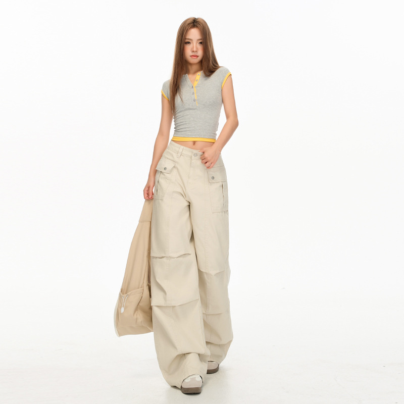 Shangya K135 Card Apricot American Retro Design Pleated Cargo Pants for Men and Women Loose High Street Straight Casual Pants