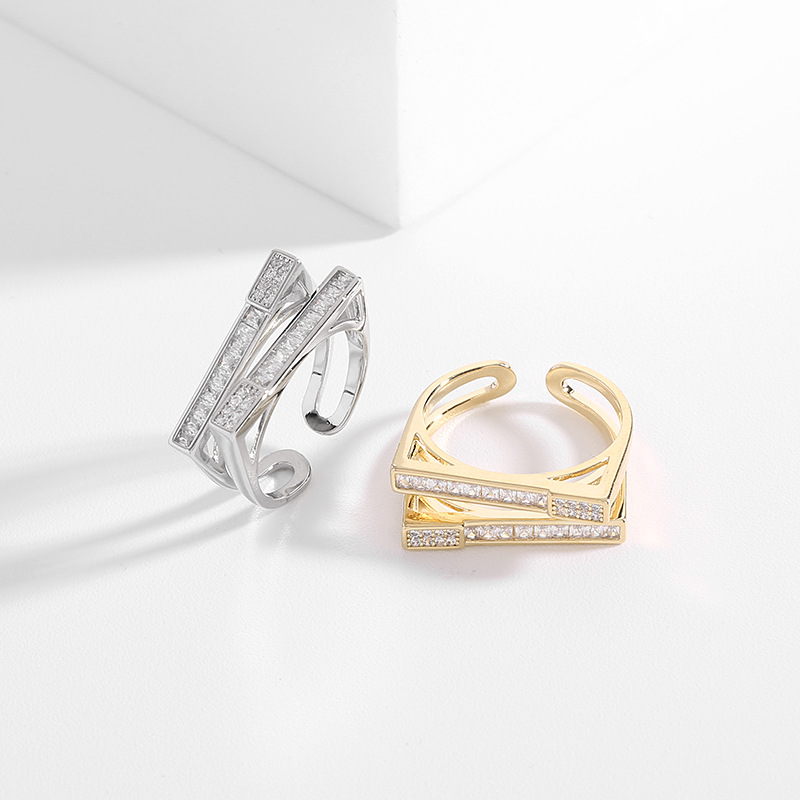 Open adjustable zircon ring color-preserving electroplating fashion women's ring creative design sense parallel cross personality index finger ring