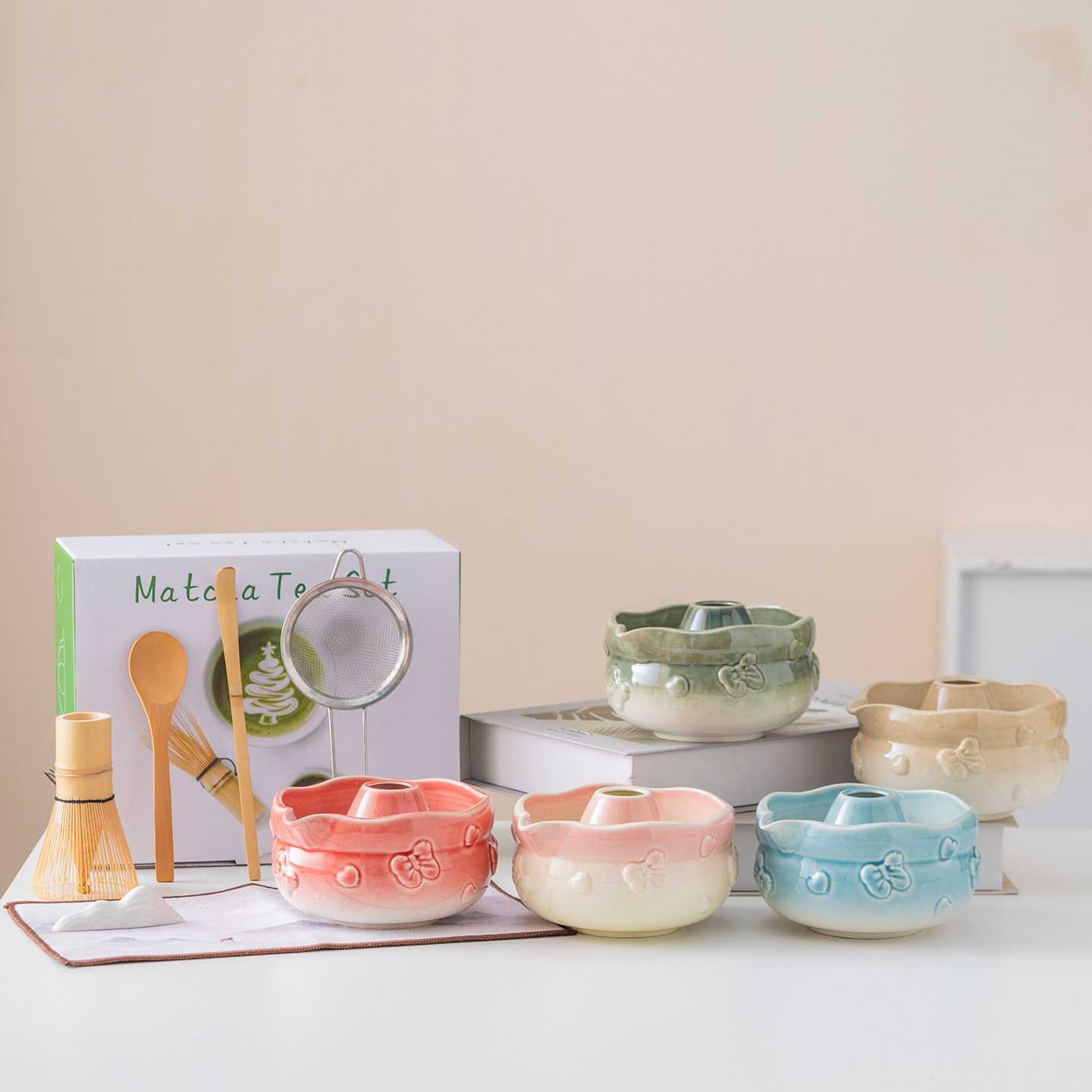 High-Quality Cross-Border Matcha Tea Set with Kiln-Glazed Tea Whisk, Japanese-Style Matcha Set, Matcha Bowl with Spout