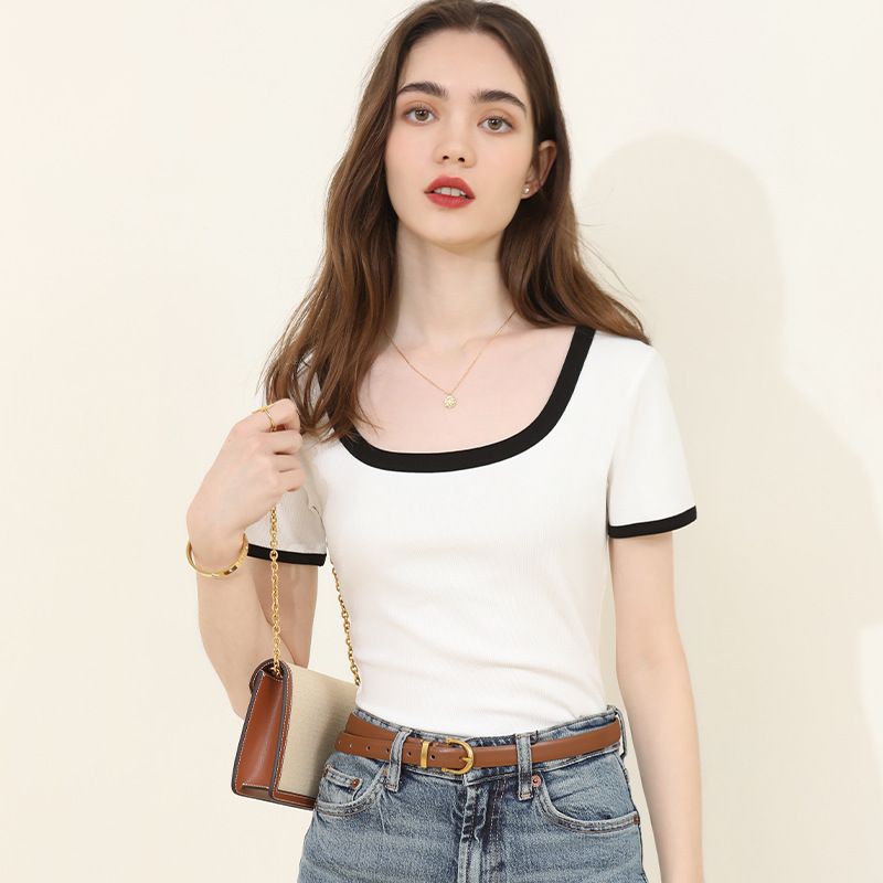 Summer women's new short sleeve T-shirt women's shoulder hot girl small sexy square collar contrast tight top wholesale
