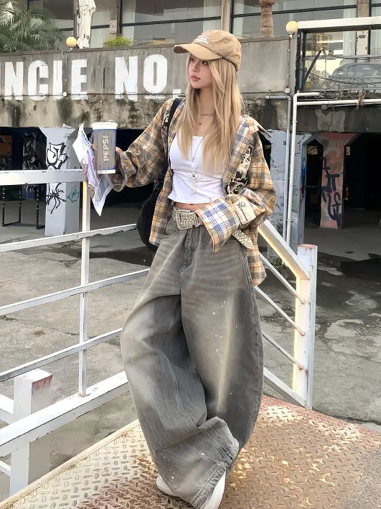 American retro ink scimitar Denim men and women Street Trendy Handsome cleanfit Loose Casual Loose pants