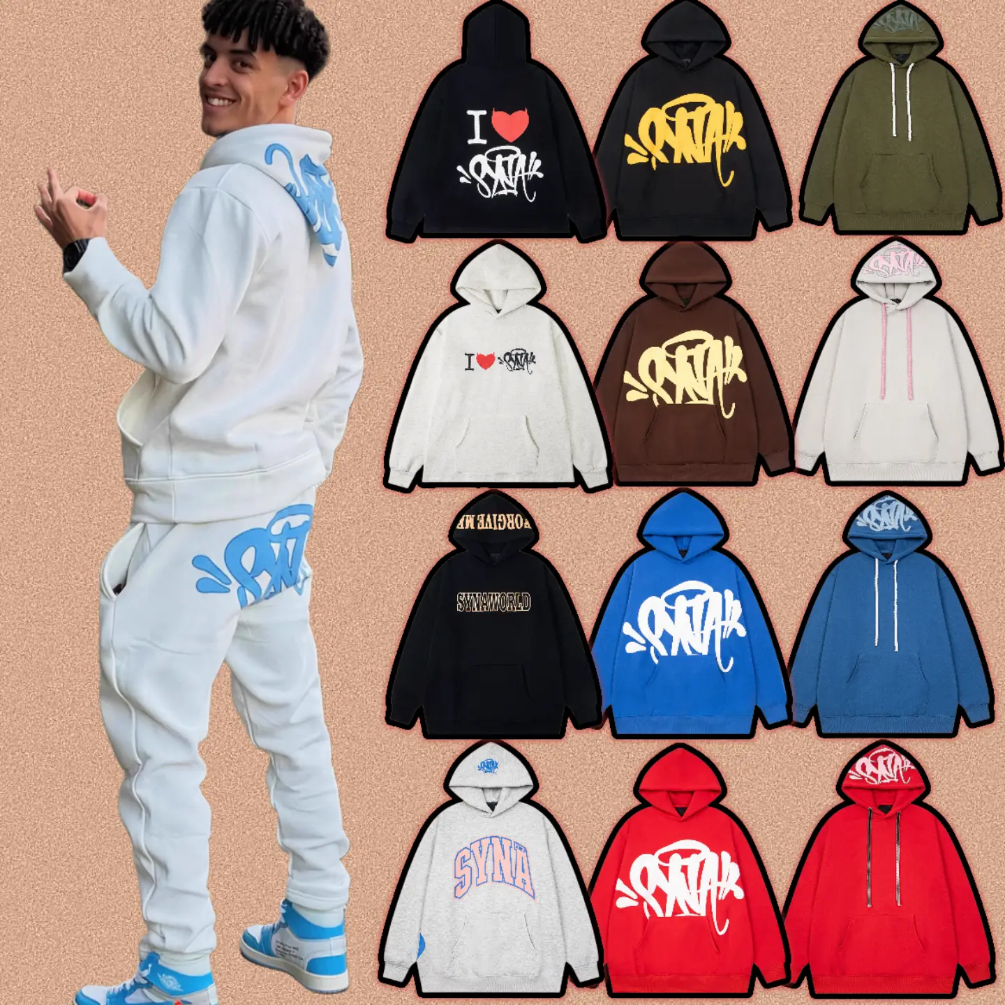 High-End Syna Word American Street Style Foam Sweatshirt Hoodie High Street Retro Sweatpants Trendy Casual Set