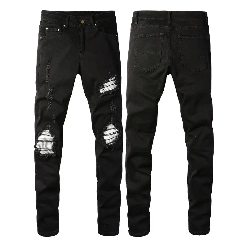 Factory Direct Sales Jeans Men's Xintang Denim All Ripped Jeans Black Men's Casual Men's Pants 877