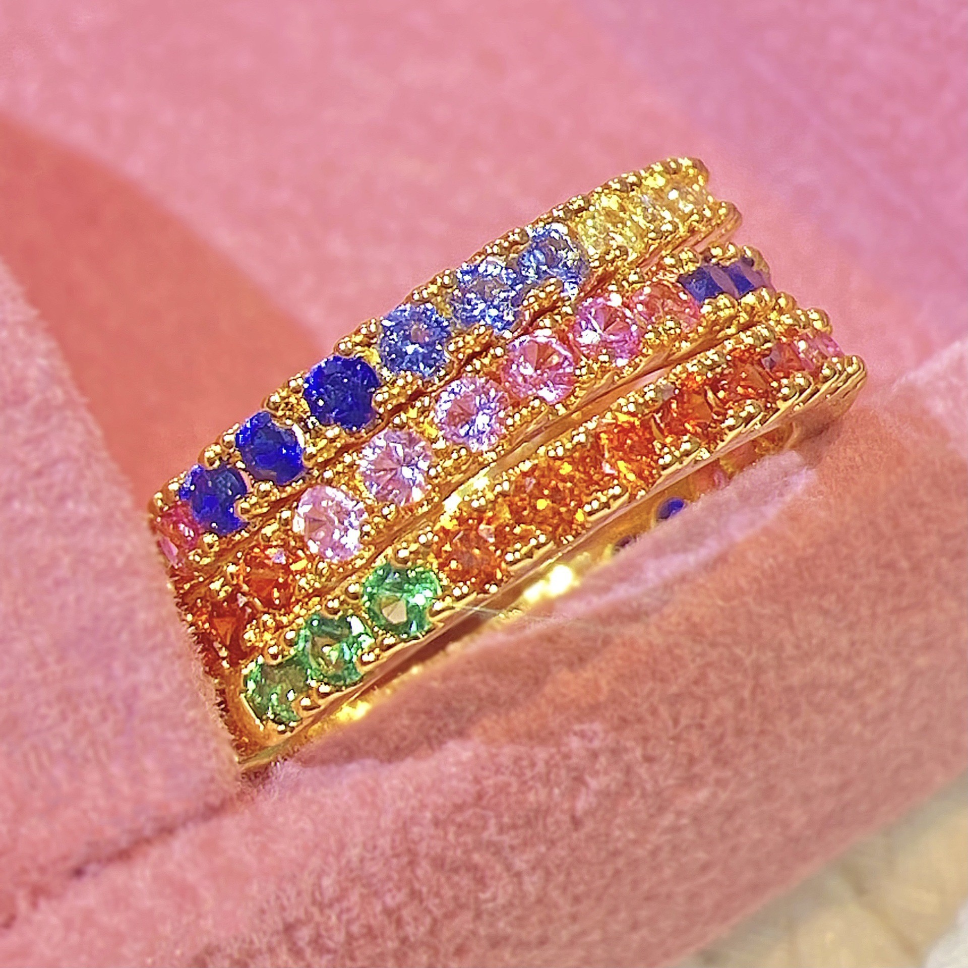 Colorful Diamond Candy Sapphire Tsavorite Rainbow Full Circle Ring Plated with 18K Gold Accessible Luxury Jewelry Row Ring for Women