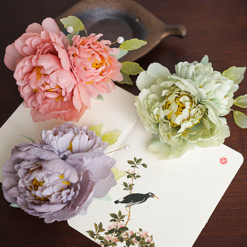 Peony silk flower hairpin hairpin ancient style pearl flower small hairpin fairy Hanfu accessories pink light color all-match