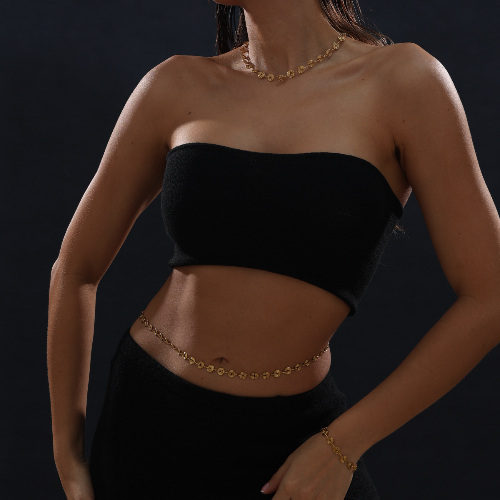 Dazan Exquisite Chain Wholesale European and American Fashion Titanium Steel 18K Gold Candy Bracelet Necklace Waist Chain Anklet Set