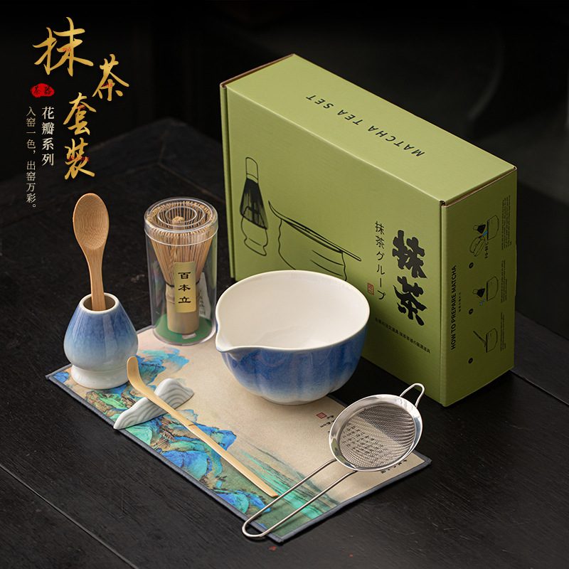 Petal-Shaped Matcha Tool Set Ceramic Matcha Bowl Filter Tea Spoon Tea Brush Frother Stirrer Tea Accessories