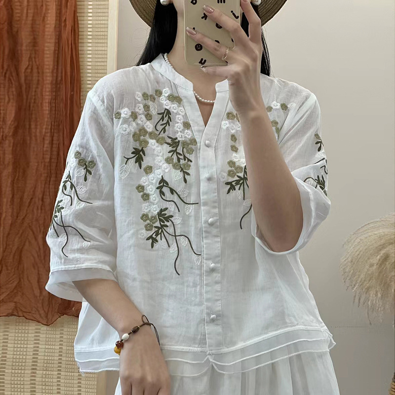2025 New Summer V Neck Single-Breasted Three-Quarter Sleeve Shirt Pure Color Literary Embroider Loose Version Ramie Shirt for Women