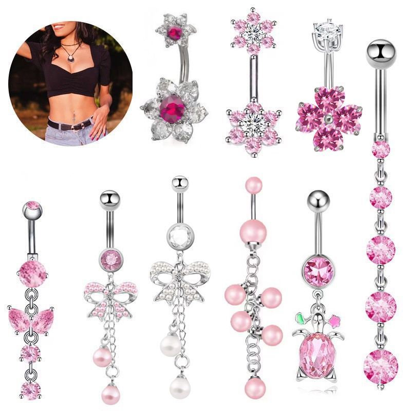 European and American women's new pink zircon nail stainless steel nail ring personality navel nail navel buckle fruit powder series