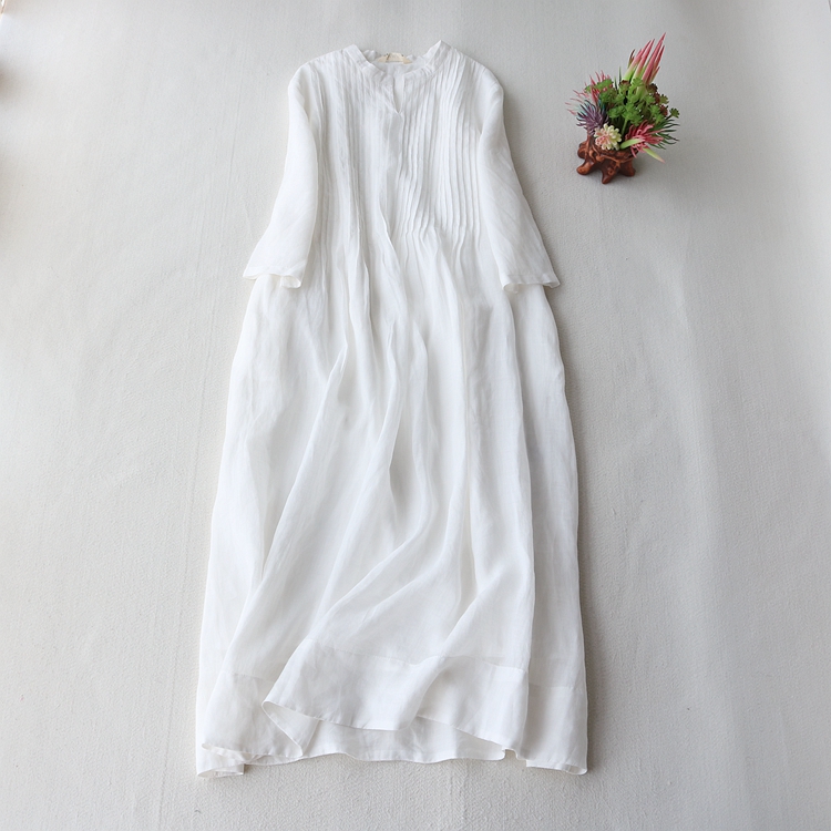 Foreign Trade Italian Ramie Elegant Slimming Look Age-reducing Short-sleeved Dress Women's Linen Accordion Pleat Elegant Fairy Long Skirt