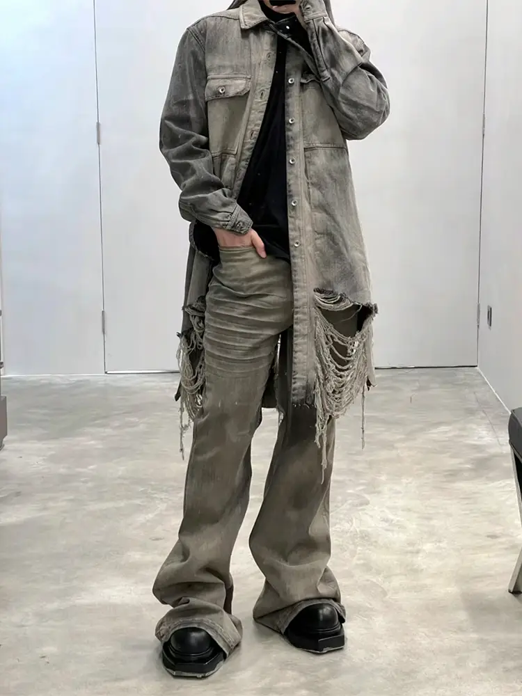 Distressed Desert Yellow Washed Flared Wide-Leg Slimming Stacked Floor-Length Wrinkled Whiskered Post-Apocalyptic Style Jeans